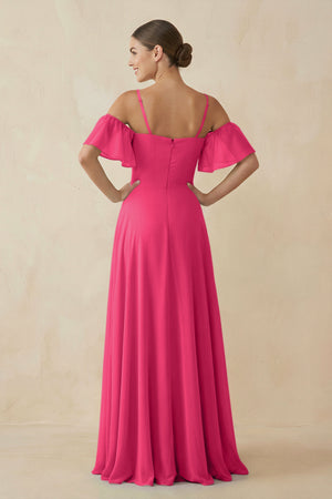 Fuchsia Off-the-Shoulder A-Line Chiffon Bridesmaid Dress (2) | KISSBRIDAL