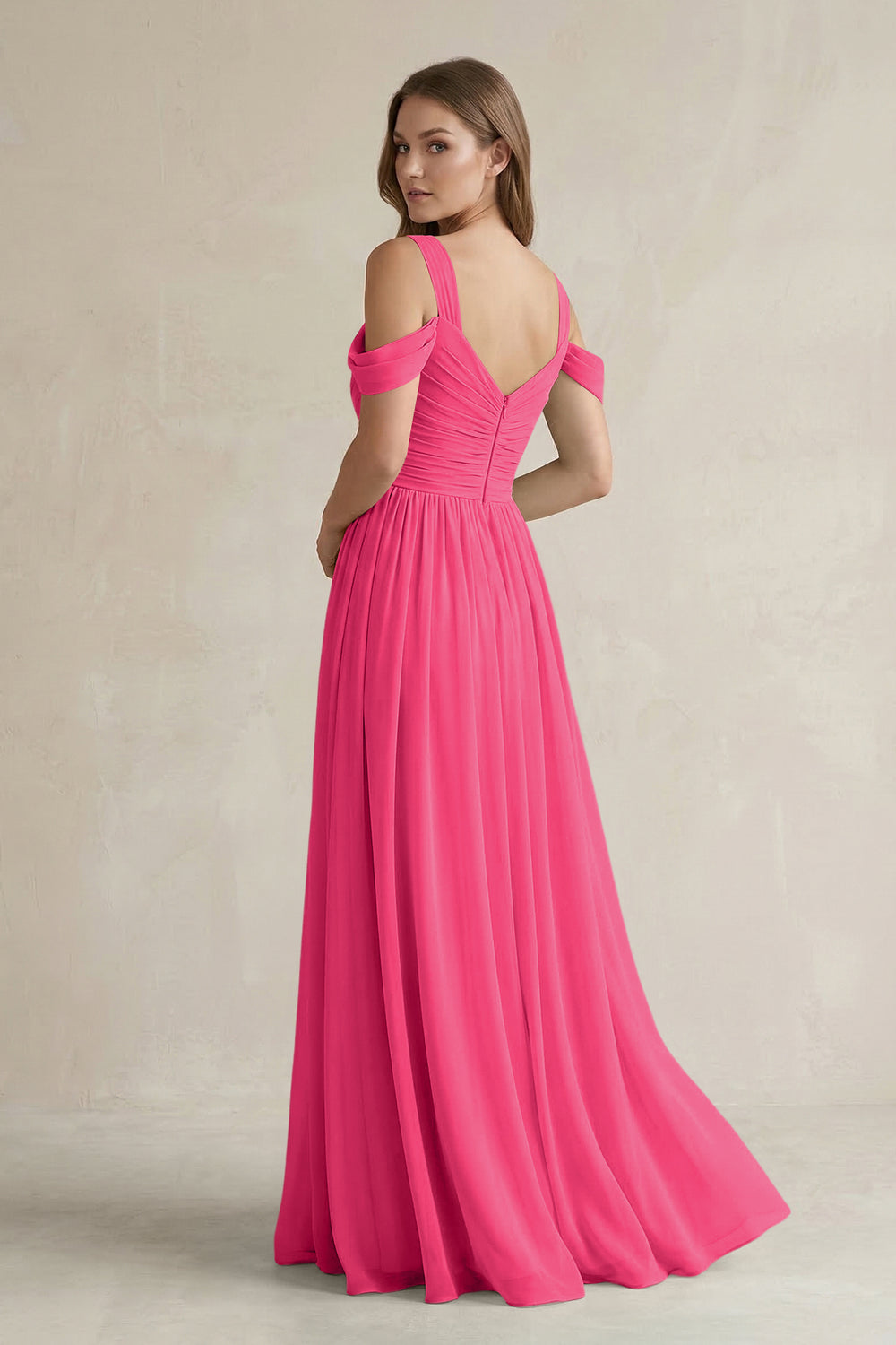 Off-the-Shoulder A-Line Chiffon Bridesmaid Dress With Slit in Fuchsia