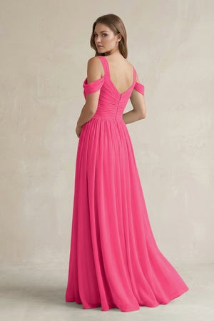 Fuchsia Off-the-Shoulder A-Line Chiffon Bridesmaid Dress With Slit (2) | KISSBRIDAL