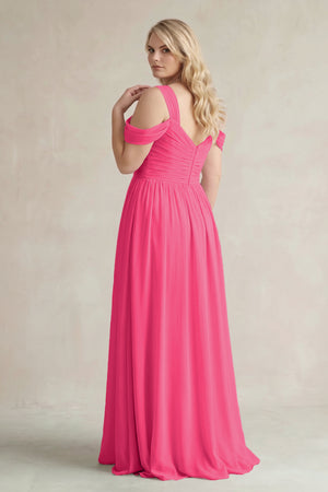 Fuchsia Off-the-Shoulder A-Line Chiffon Bridesmaid Dress With Slit (2) | KISSBRIDAL