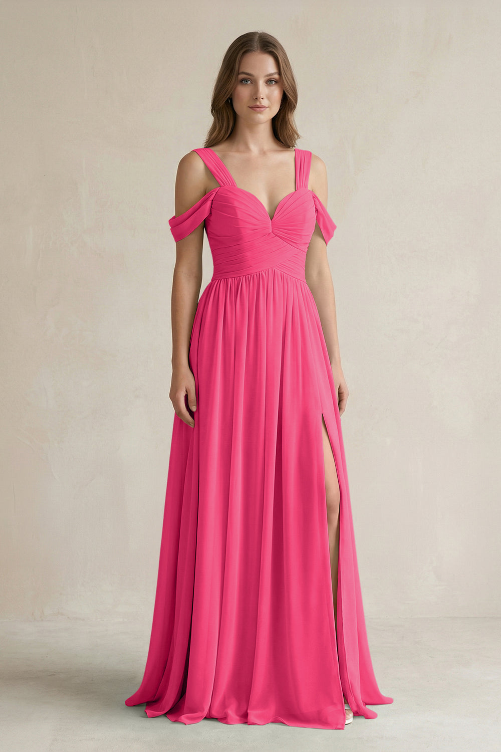 Off-the-Shoulder A-Line Chiffon Bridesmaid Dress With Slit in Fuchsia