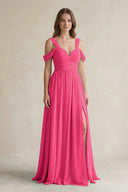 Fuchsia Off-the-Shoulder A-Line Chiffon Bridesmaid Dress With Slit | KISSBRIDAL