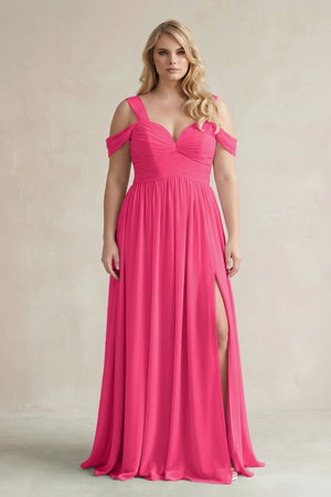 Fuchsia Off-the-Shoulder A-Line Chiffon Bridesmaid Dress With Slit | KISSBRIDAL