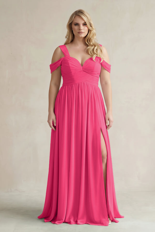 Fuchsia Off-the-Shoulder A-Line Chiffon Bridesmaid Dress With Slit | KISSBRIDAL
