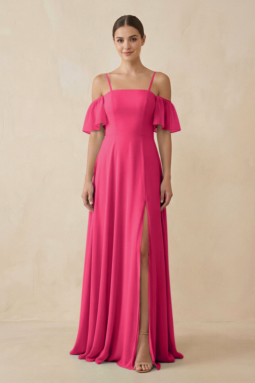 Off-the-Shoulder A-Line Chiffon Bridesmaid Dress in Fuchsia