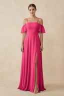 Fuchsia Off-the-Shoulder A-Line Chiffon Bridesmaid Dress | KISSBRIDAL