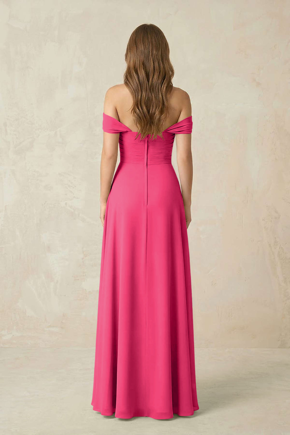Off-the-Shoulder A-Line Chiffon Pleated Bridesmaid Dress in Fuchsia