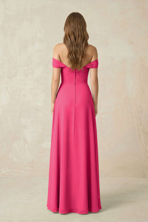 Fuchsia Off-the-Shoulder A-Line Chiffon Pleated Bridesmaid Dress (2) | KISSBRIDAL