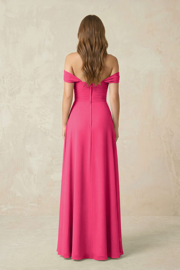 Fuchsia Off-the-Shoulder A-Line Chiffon Pleated Bridesmaid Dress (2) | KISSBRIDAL