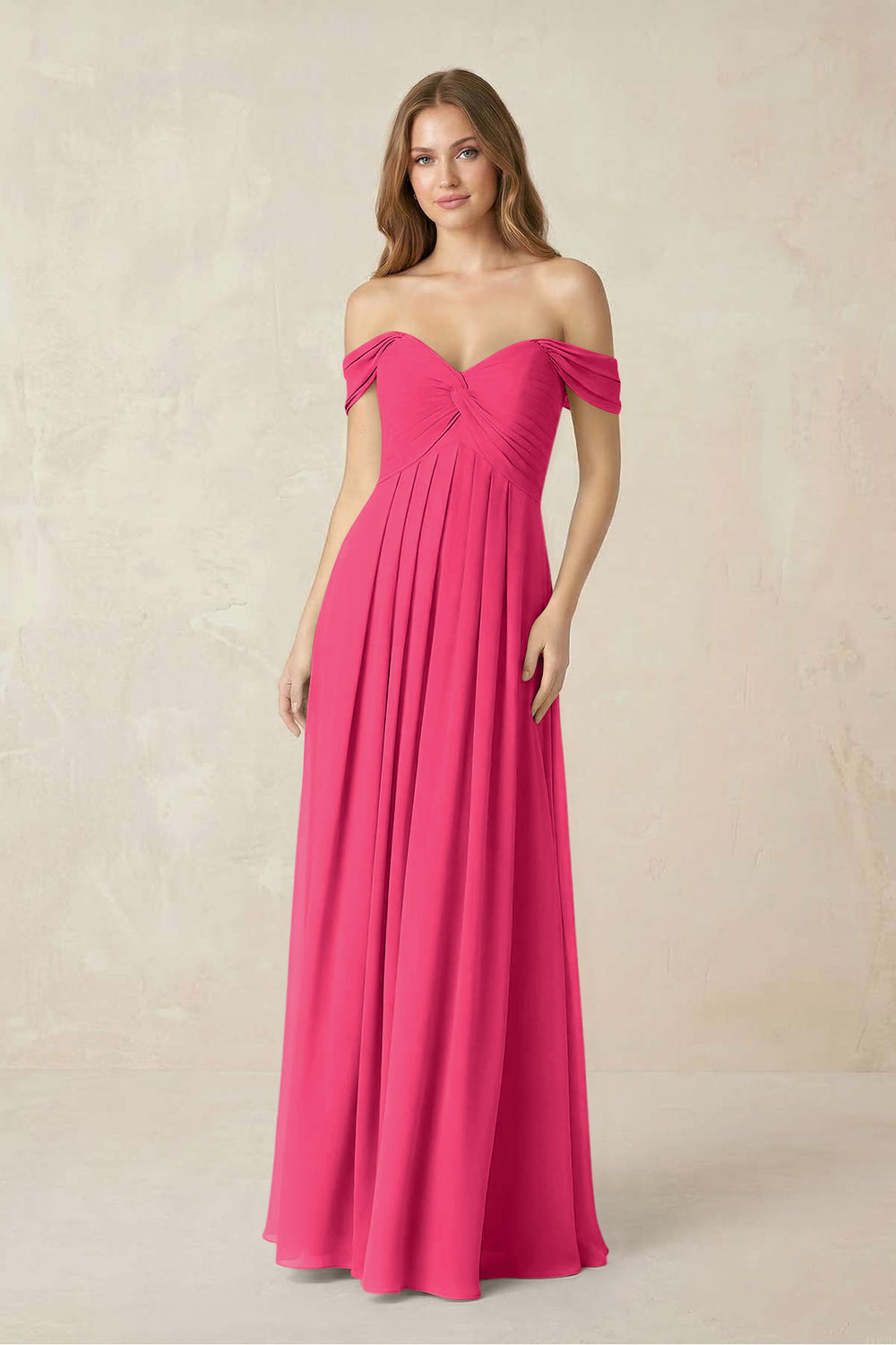 Off-the-Shoulder A-Line Chiffon Pleated Bridesmaid Dress in Fuchsia