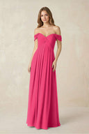 Fuchsia Off-the-Shoulder A-Line Chiffon Pleated Bridesmaid Dress | KISSBRIDAL