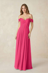 Fuchsia Off-the-Shoulder A-Line Chiffon Pleated Bridesmaid Dress | KISSBRIDAL