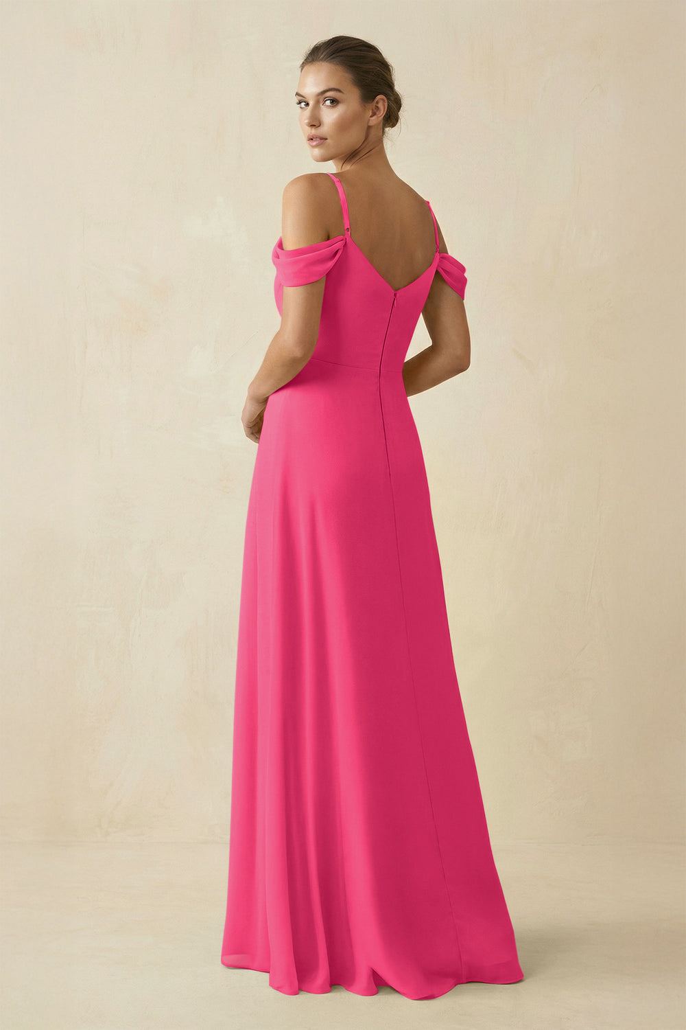 Off-the-Shoulder A-Line Pleated Chiffon Bridesmaid Gown in Fuchsia