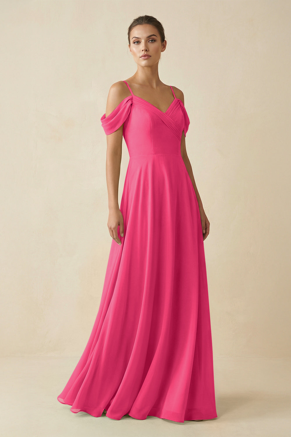 Off-the-Shoulder A-Line Pleated Chiffon Bridesmaid Gown in Fuchsia