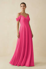 Fuchsia Off-the-Shoulder A-Line Pleated Chiffon Bridesmaid Gown | KISSBRIDAL