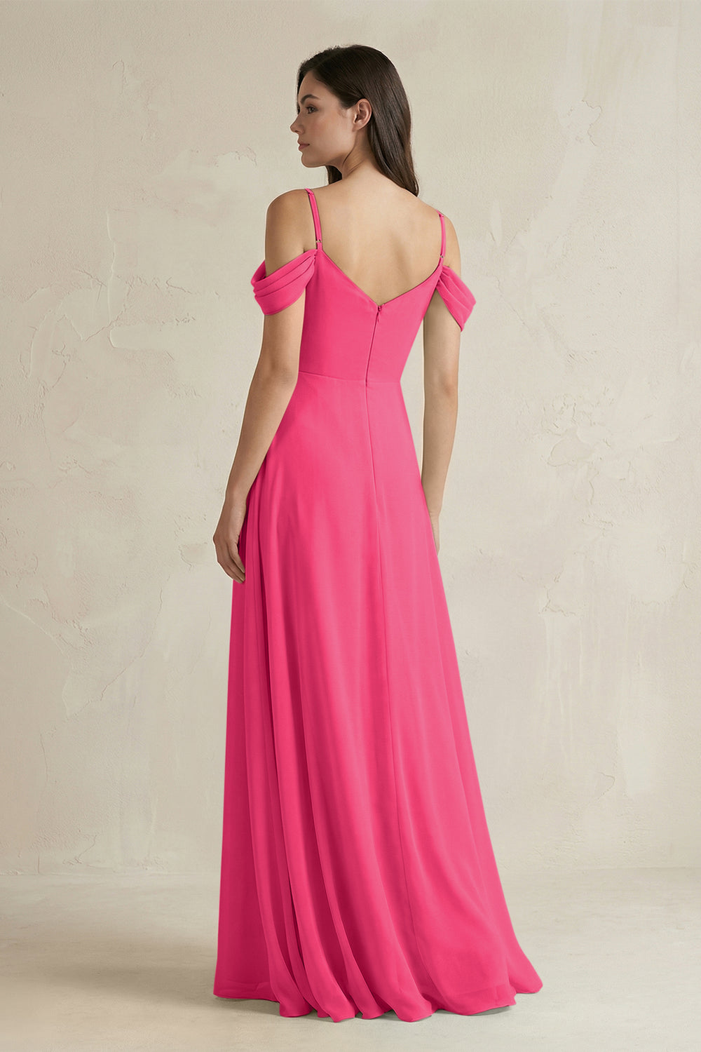 Off-the-Shoulder Chiffon A-Line Bridesmaid Dress in Fuchsia