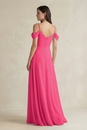 Fuchsia Off-the-Shoulder Chiffon A-Line Bridesmaid Dress (2) | KISSBRIDAL