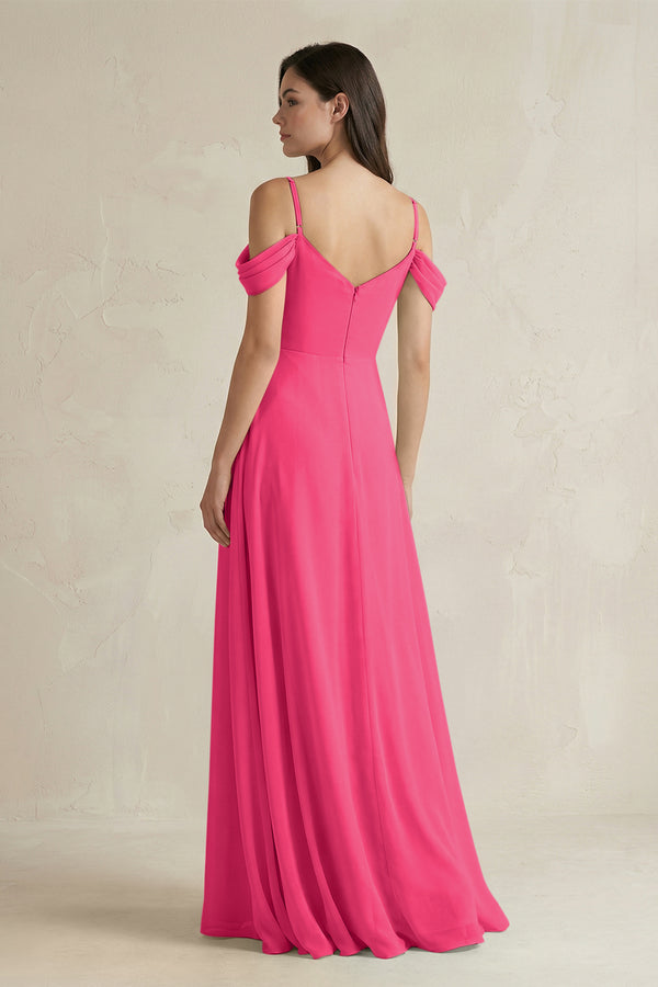 Fuchsia Off-the-Shoulder Chiffon A-Line Bridesmaid Dress (2) | KISSBRIDAL