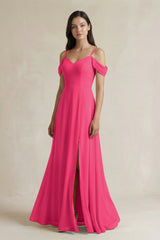 Fuchsia Off-the-Shoulder Chiffon A-Line Bridesmaid Dress | KISSBRIDAL