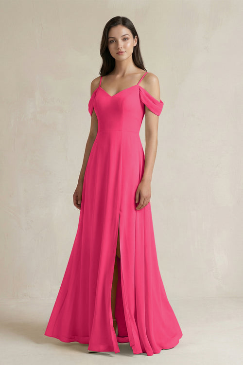 Fuchsia Off-the-Shoulder Chiffon A-Line Bridesmaid Dress | KISSBRIDAL