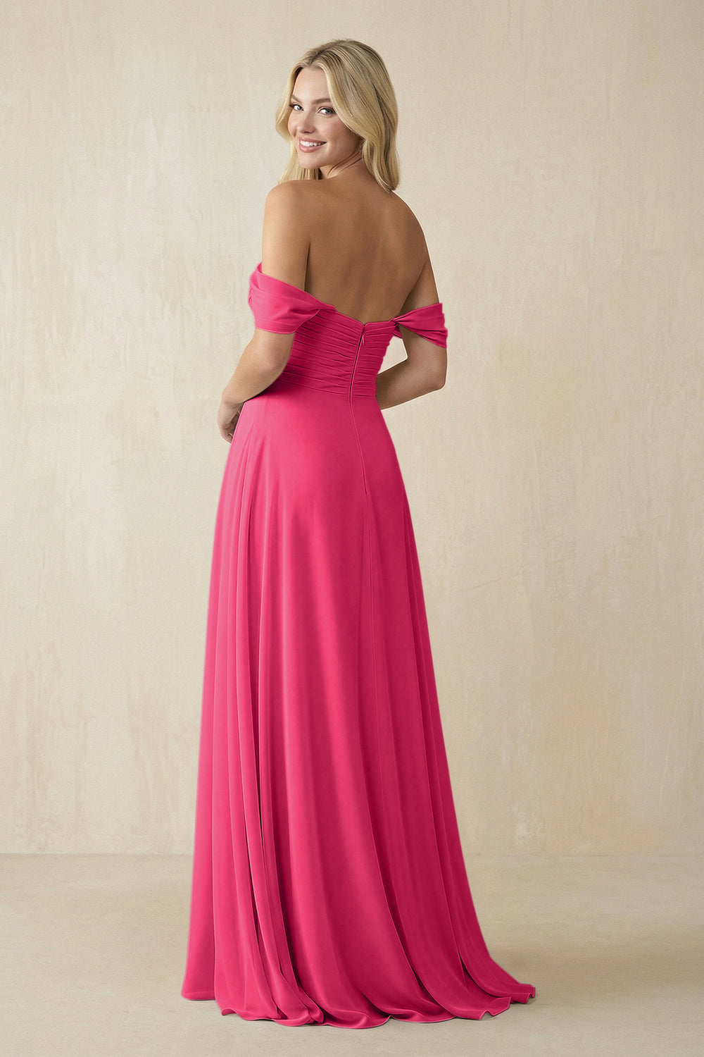 Off-the-Shoulder Chiffon A-Line Long Bridesmaid Dress in Fuchsia