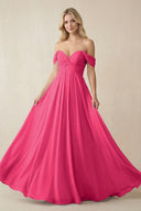 Fuchsia Off-the-Shoulder Chiffon A-Line Long Bridesmaid Dress | KISSBRIDAL