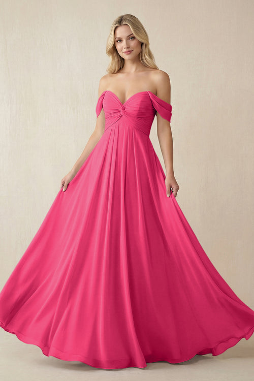 Fuchsia Off-the-Shoulder Chiffon A-Line Long Bridesmaid Dress | KISSBRIDAL