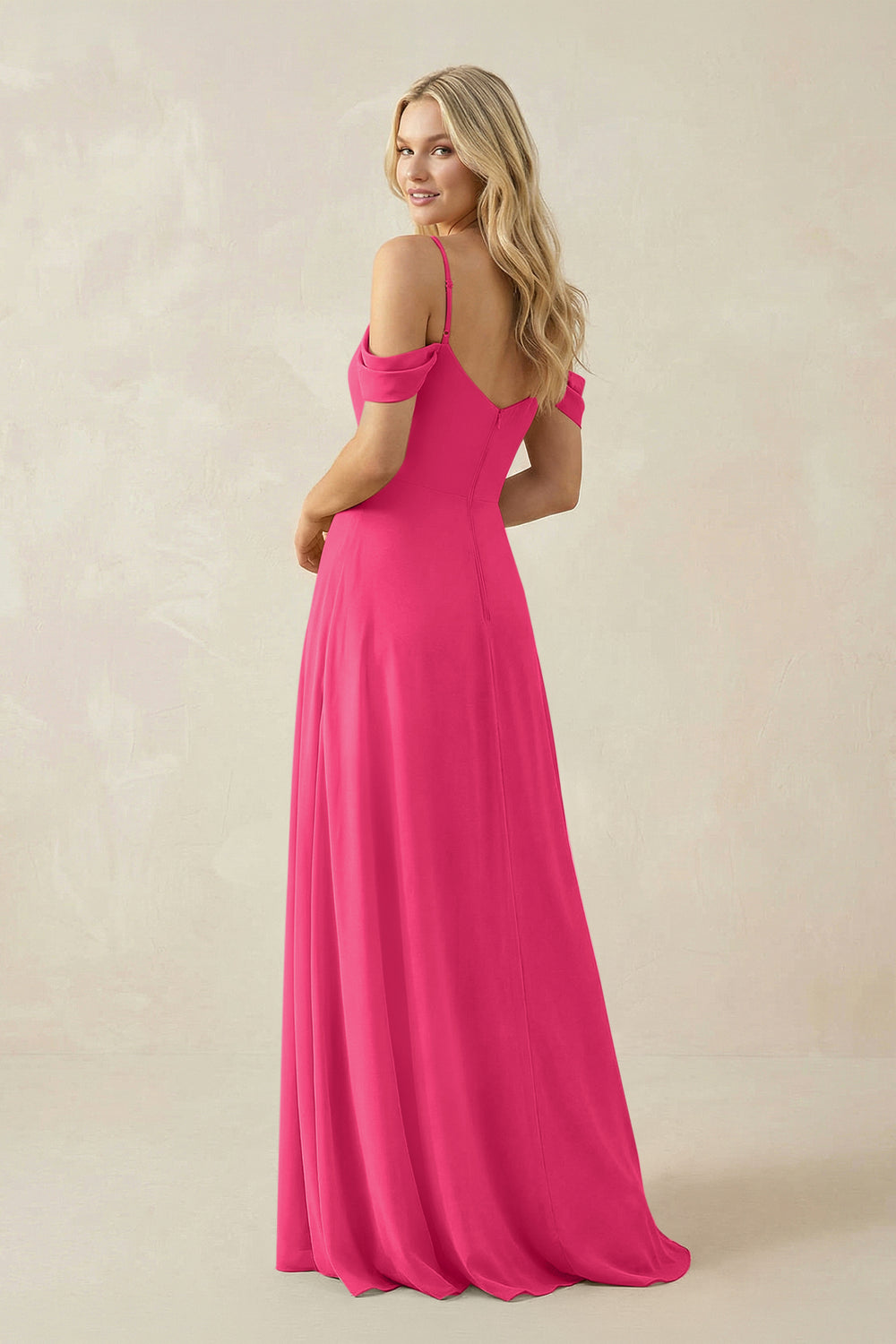 Off-the-Shoulder Chiffon A-Line Maxi Bridesmaid Dress in Fuchsia