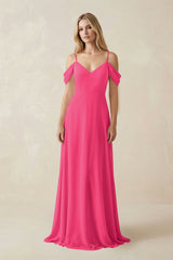 Fuchsia Off-the-Shoulder Chiffon A-Line Maxi Bridesmaid Dress | KISSBRIDAL