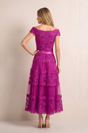 Fuchsia Off-the-Shoulder Embroidery Tulle A-Line Midi Mother of the Bride Dress (2) | KISSBRIDAL