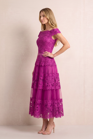 Fuchsia Off-the-Shoulder Embroidery Tulle A-Line Midi Mother of the Bride Dress (3) | KISSBRIDAL
