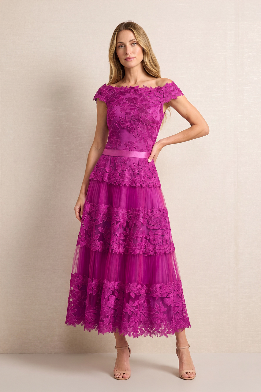 Fuchsia Off-the-Shoulder Embroidered Tulle A-Line Midi Mother of the Bride Dress