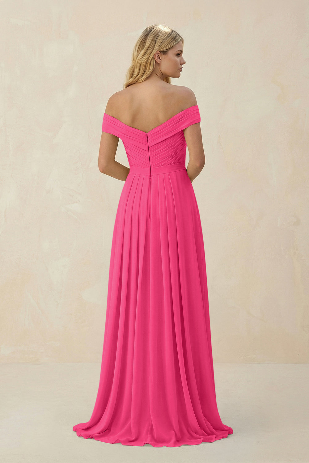 Off-the-Shoulder Pleated A-Line Chiffon Bridesmaid Dress in Fuchsia