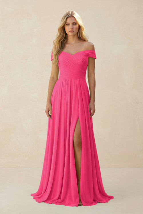 Fuchsia Off-the-Shoulder Pleated A-Line Chiffon Bridesmaid Dress | KISSBRIDAL