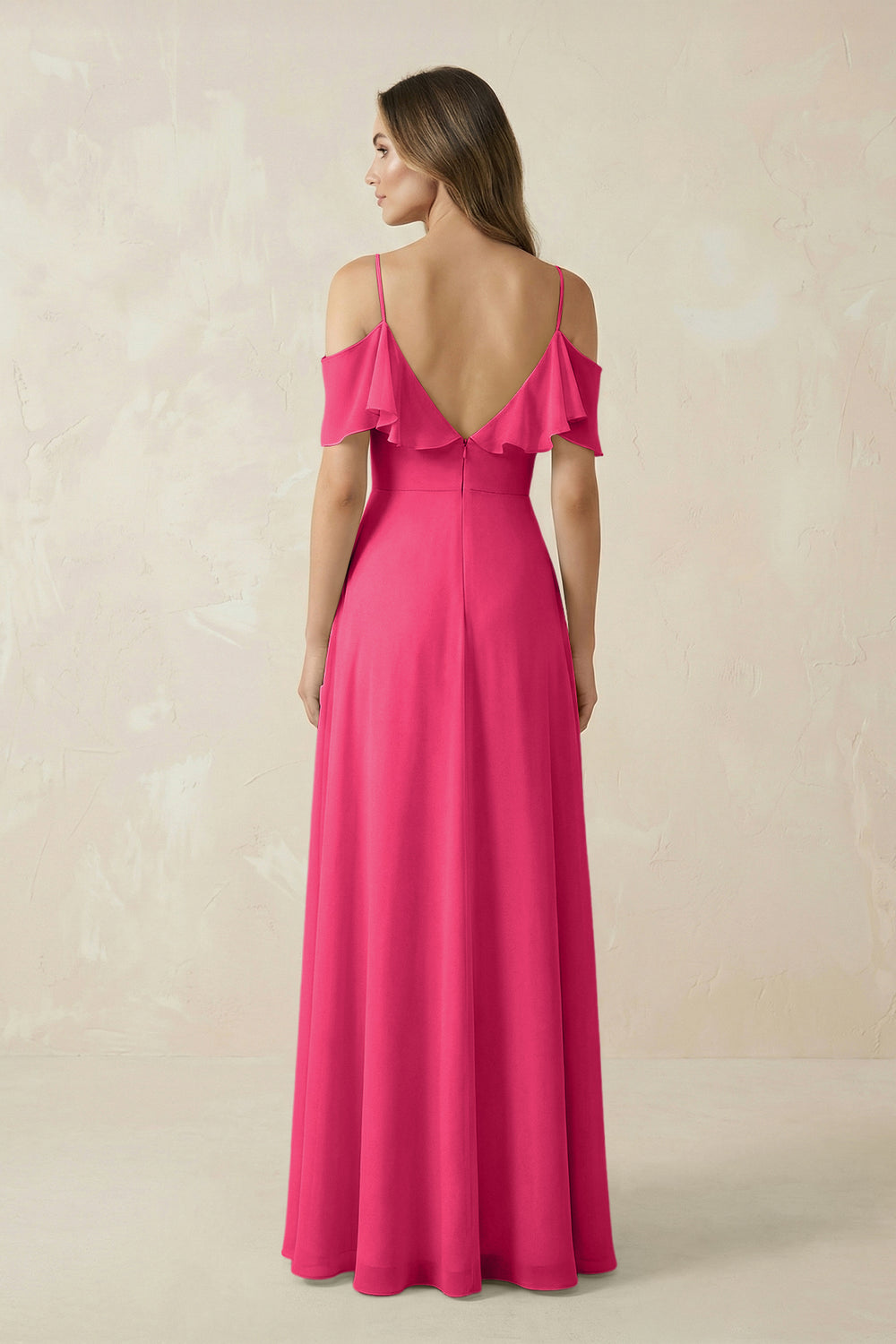 Off-the-Shoulder Ruffled A-Line Chiffon Bridesmaid Dress in Fuchsia