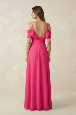 Fuchsia Off-the-Shoulder Ruffled A-Line Chiffon Bridesmaid Dress (2) | KISSBRIDAL