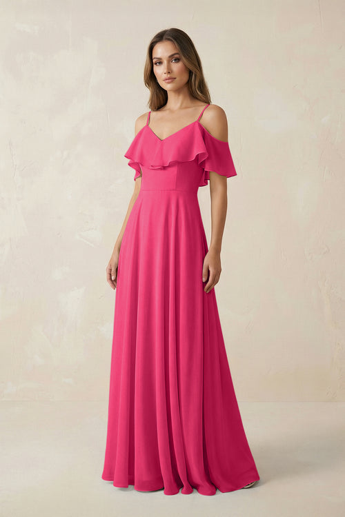 Fuchsia Off-the-Shoulder Ruffled A-Line Chiffon Bridesmaid Dress | KISSBRIDAL