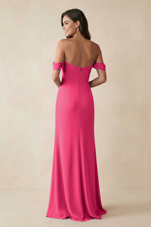 Fuchsia Off-the-Shoulder Sheath Bridesmaid Dress with Slit (2) | KISSBRIDAL