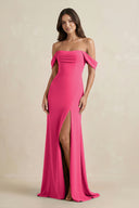 Fuchsia Off-the-Shoulder Sheath Bridesmaid Dress with Slit | KISSBRIDAL