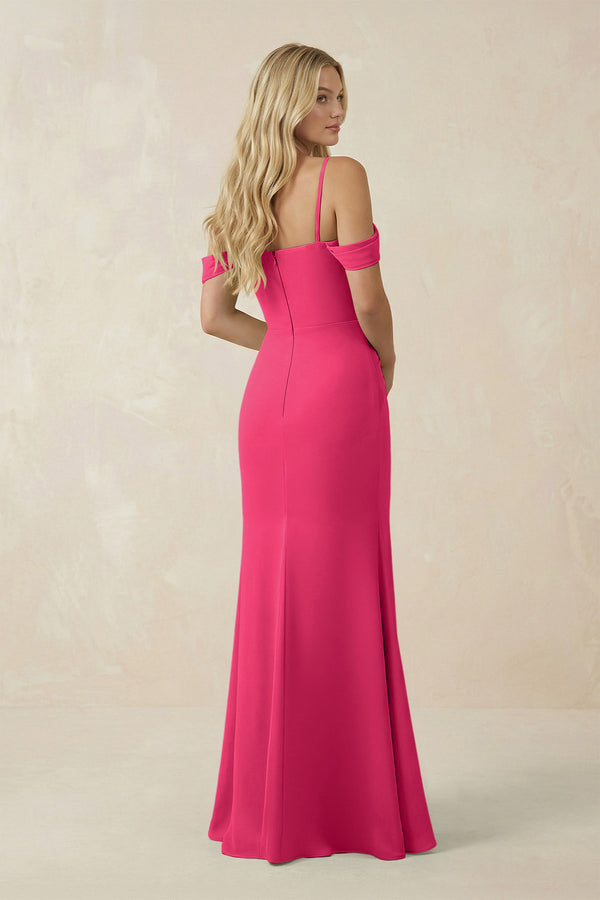 Fuchsia Off-the-Shoulder Sheath Chiffon Ruched Bridesmaid Dress (2) | KISSBRIDAL