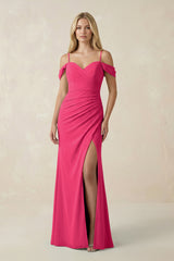 Fuchsia Off-the-Shoulder Sheath Chiffon Ruched Bridesmaid Dress | KISSBRIDAL