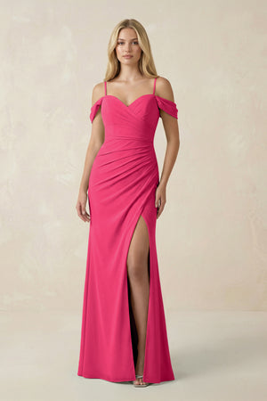 Fuchsia Off-the-Shoulder Sheath Chiffon Ruched Bridesmaid Dress | KISSBRIDAL