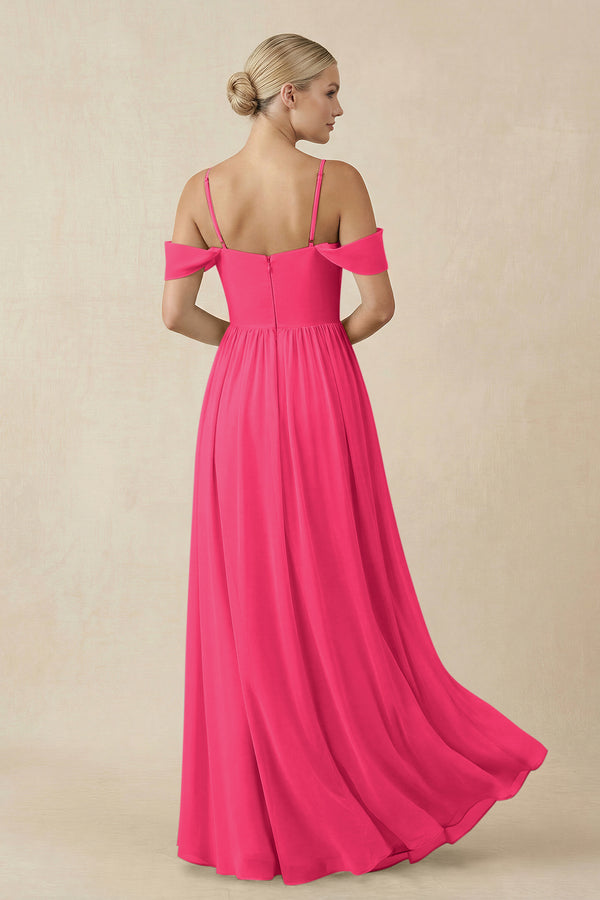 Fuchsia Off-the-Shoulder Sweetheart A-Line Chiffon Bridesmaid Dress (2) | KISSBRIDAL