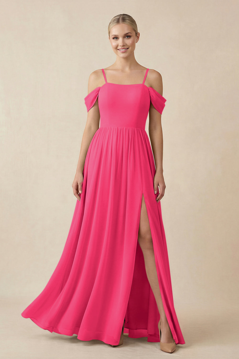 Off-the-Shoulder Sweetheart A-Line Chiffon Bridesmaid Dress in Fuchsia