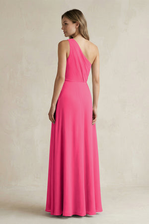 Fuchsia One-Shoulder Chiffon A-Line Bridesmaid Dress With Slit (2) | KISSBRIDAL