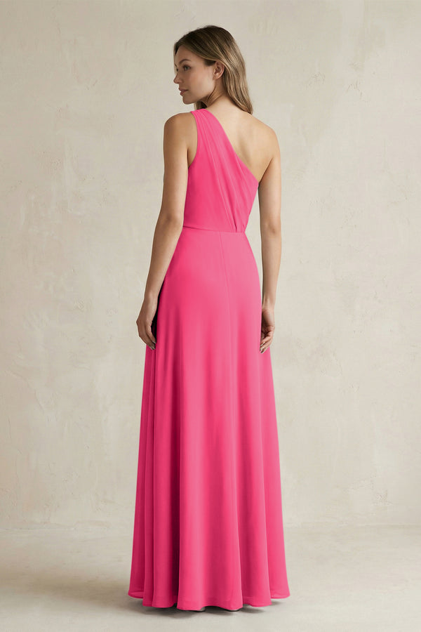 Fuchsia One-Shoulder Chiffon A-Line Bridesmaid Dress With Slit (2) | KISSBRIDAL