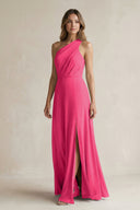 Fuchsia One-Shoulder Chiffon A-Line Bridesmaid Dress With Slit | KISSBRIDAL
