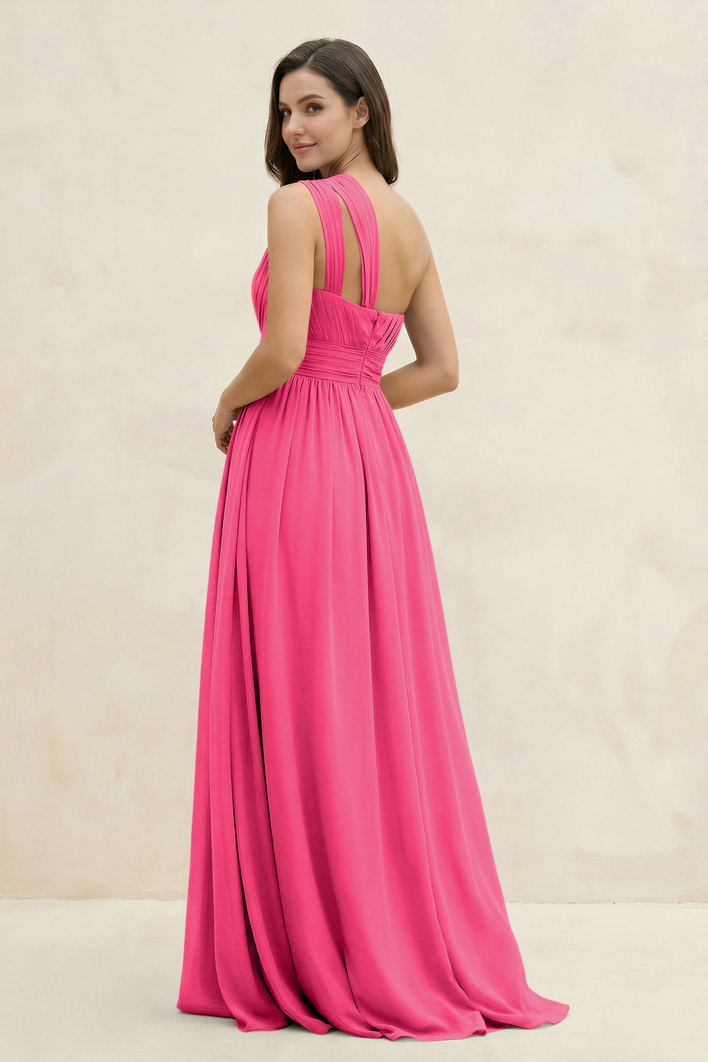 One-Shoulder Pleated A-Line Chiffon Bridesmaid Dress in Fuchsia