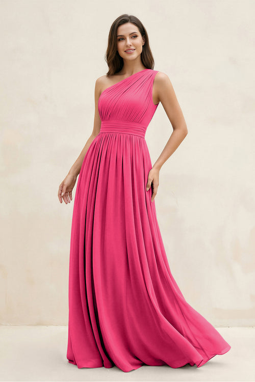 Fuchsia One-Shoulder Pleated A-Line Chiffon Bridesmaid Dress | KISSBRIDAL
