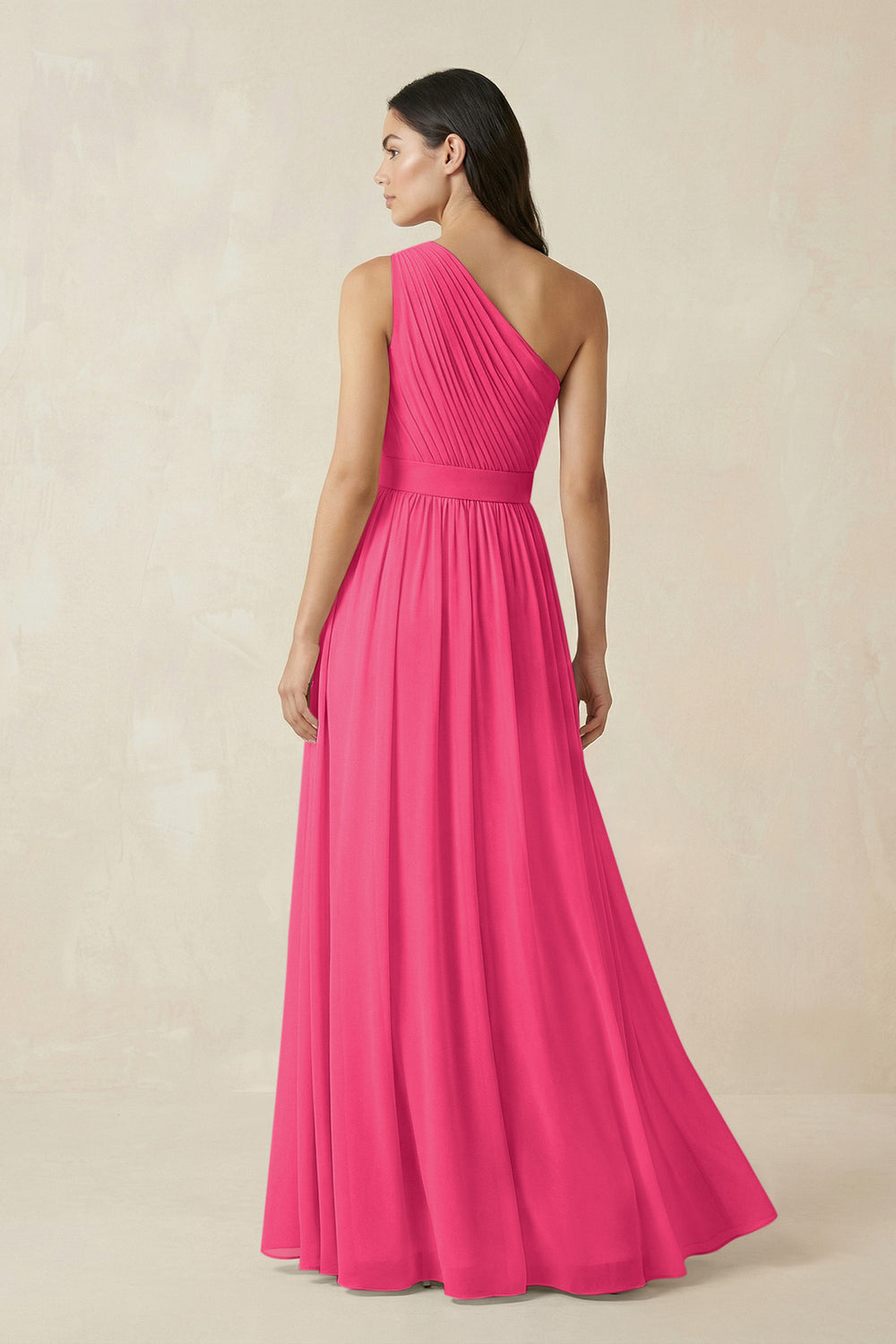 One-Shoulder Pleated Chiffon Bridesmaid Gown in Fuchsia